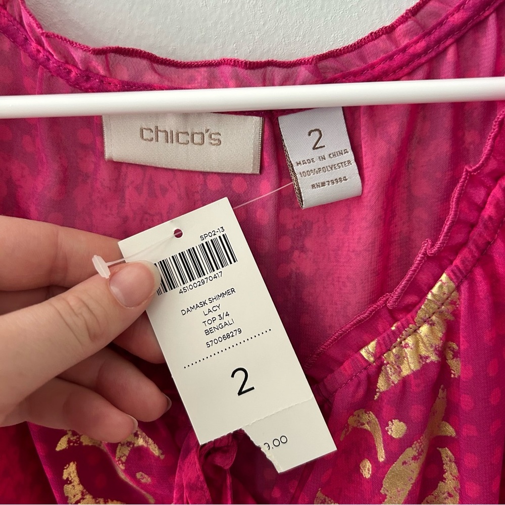 Chico’s Damask Shimmer Lacy Top 3/4 Bengali Pink Sheer Blouse NWT Size Large (2) - Picture 6 of 9
